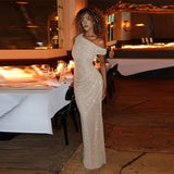 Women Stunning Nude Sparkle Prom Dress Off-shoulder Ruched Detail Shiny Crystal Long Formal Gown Special Occasion Party Dresses