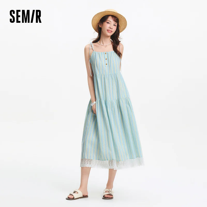 Semir Textured Striped Dress Women Sweet 2025 Summer New Vacation Style Lace Strapless Sundress