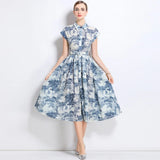 Summer 2025 New Collar Printed Short Sleeve Dress with Belt High Waist Fairy Skirt Style Cleanfit Neutral Citywalk Dress