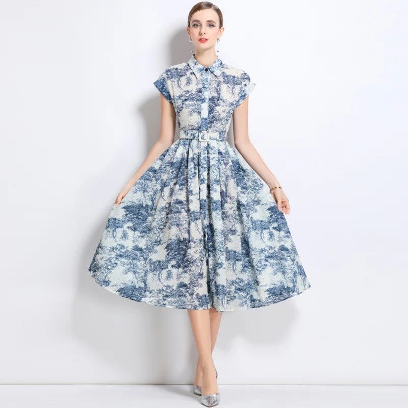 Summer 2025 New Collar Printed Short Sleeve Dress with Belt High Waist Fairy Skirt Style Cleanfit Neutral Citywalk Dress