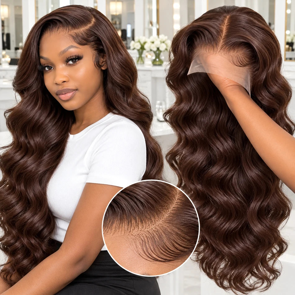 Transparent Chocolate Brown Body Wave Lace Front Human Hair Wig Vietnamese Original #4 Color 250% 13x6 HDFull Lace Frontal Wigs