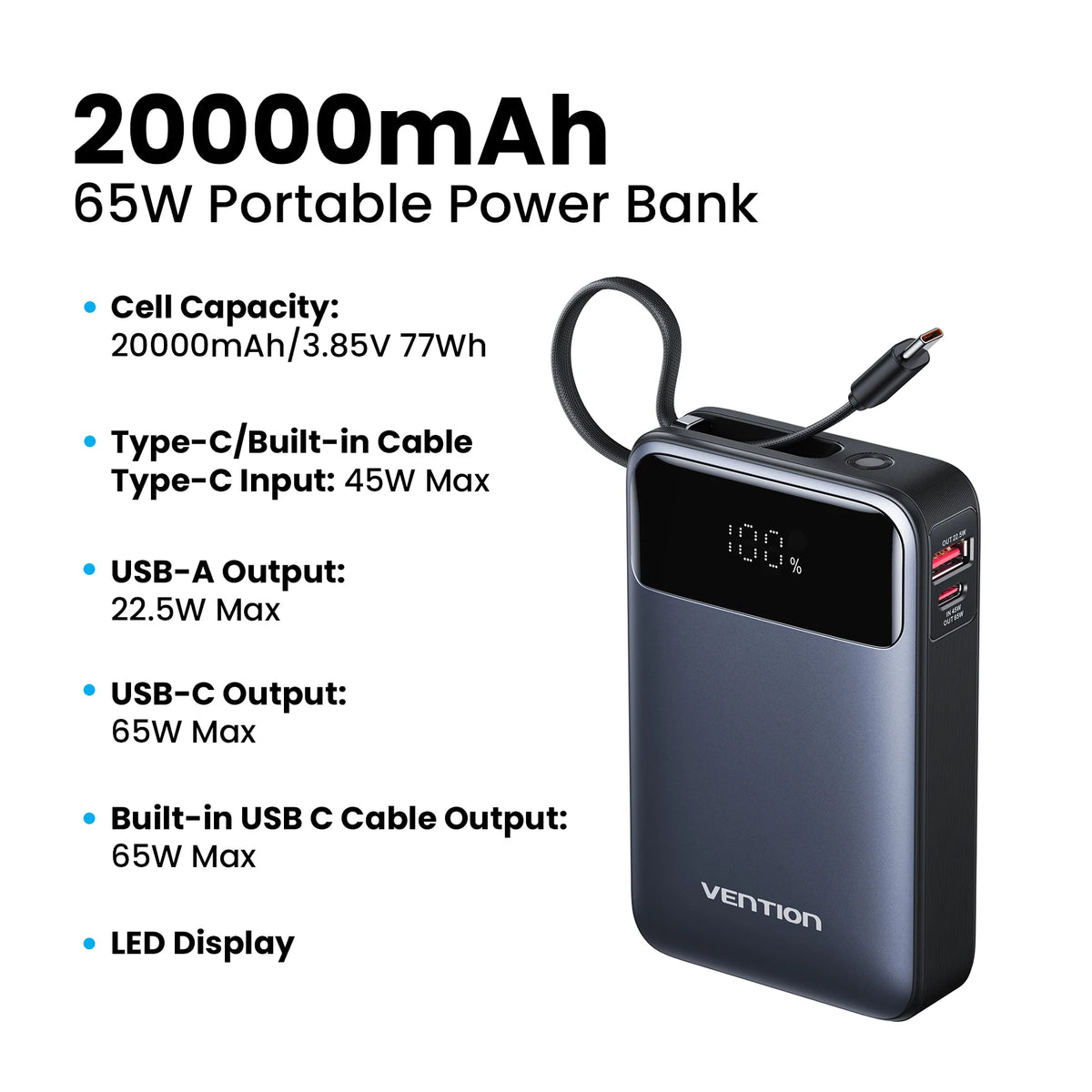 Vention Power Bank 20000mAh Portable PD 65W Fast Charging Built-in Type-C Cable External Battery Powerbank For iPhone 18 Laptop