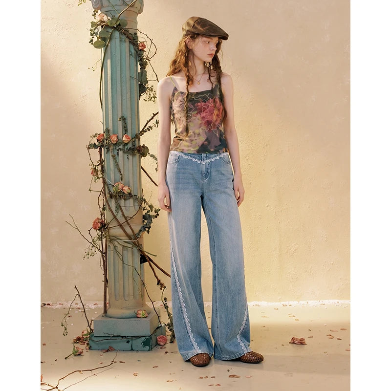 ELFSACK Women's Loose Wide Leg Jeans with Contrast Stitching, Vintage Blue Denim Pants, Casual Asymmetrical Daily Trousers