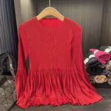 Pleated Long Sleeve T-Shirt Simple Casual Solid Color Versatile Patchwork Stretch Top Women Lightweight Stretch Clothing