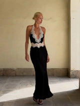 Black Lace Patchwork Halter Neck Maxi Dresses V-neck Sleeveless Backless High Waist Long Dress 2026 Elegant Party Club Outfits