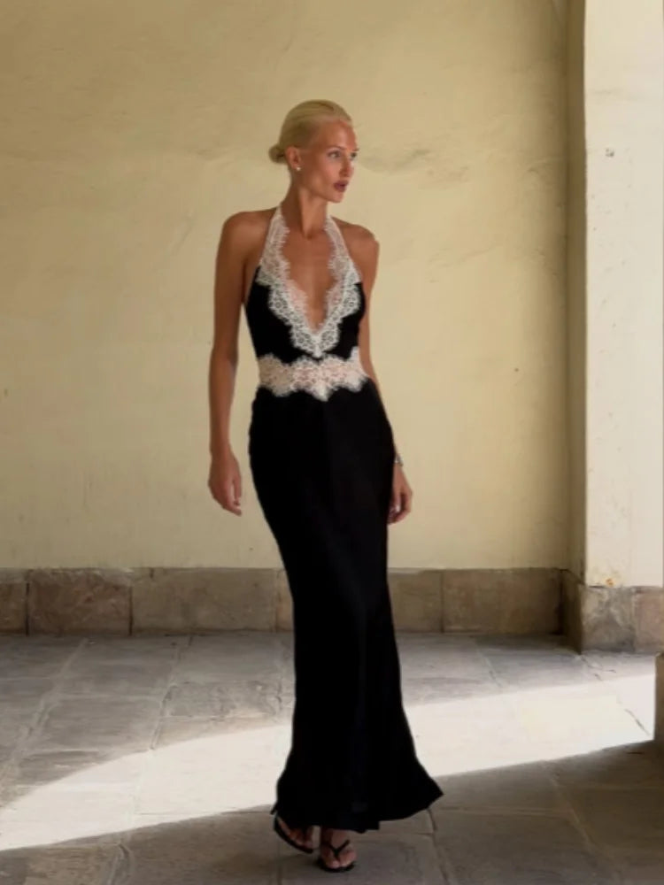 Black Lace Patchwork Halter Neck Maxi Dresses V-neck Sleeveless Backless High Waist Long Dress 2026 Elegant Party Club Outfits