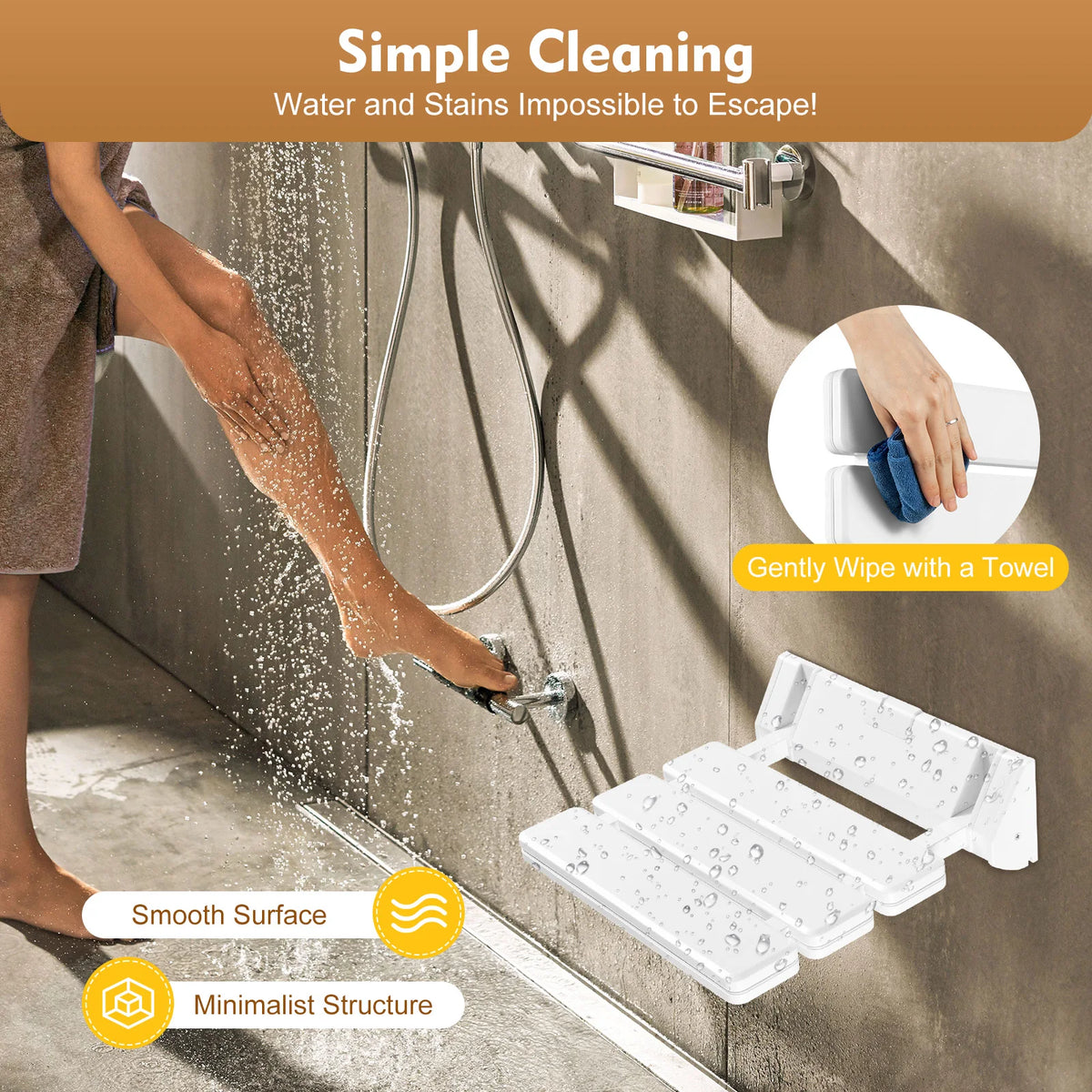90° Folding Shower Seat Wall-Mounted Waterproof Shower Bench Shoe Changing Stool White Load 130kg for Bathrooms Porches 32*34cm