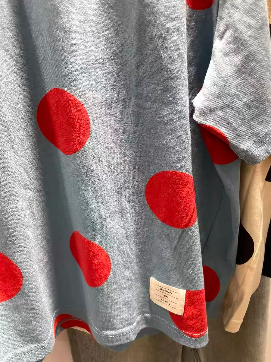 2027 Mori Girl Japanese Style Polka Dot T-Shirt for Women, Oversized Cotton Short Sleeve Casual Loose Fit Top