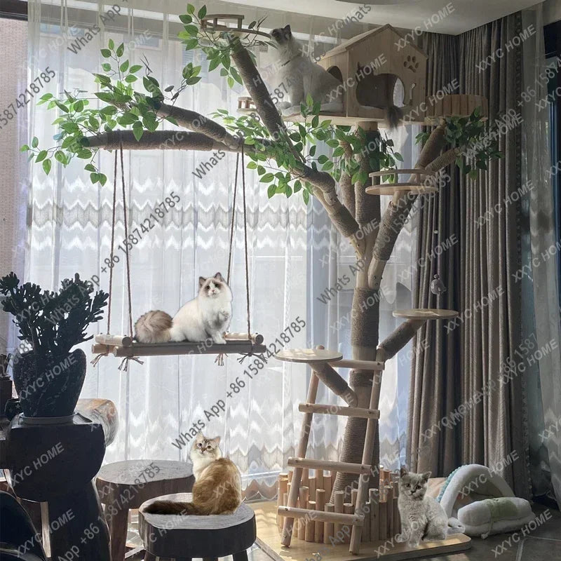 C Large Cat Climbing Frame Solid Wood Trunk Wear-resistant, Cat Coffee House Decorative Tree, Nest Cat Tree Integrated