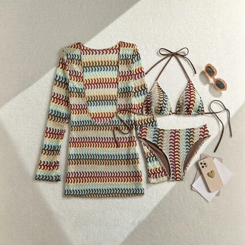 2026 with Long Sleeve Cover Up Printed Bikini Women Swimwear Female Swimsuit Three Pieces Bikini Set Bather Bathing Suit Swim
