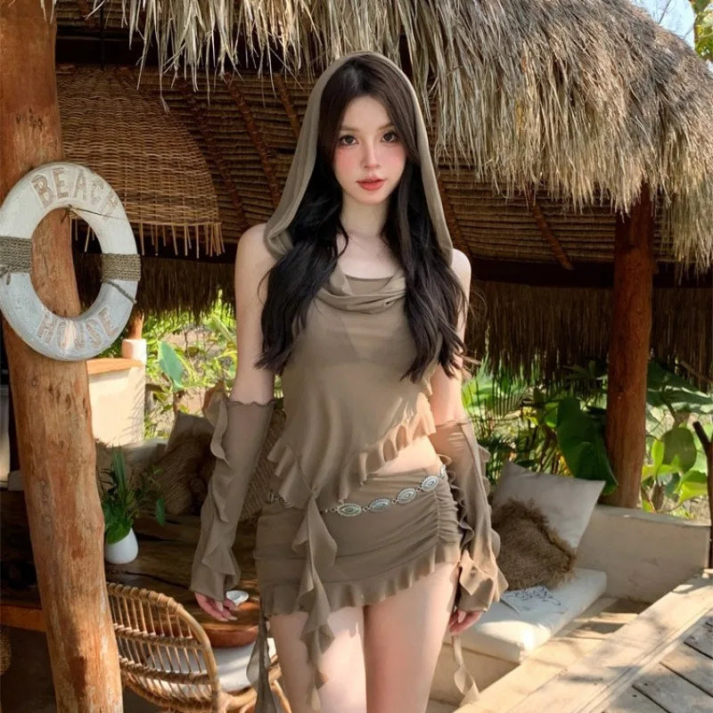 New 4 Pieces Bikini Set Swimsuit Women Brown Swimwear with Ruffle Sarong Skirts Sleeves Cover Up Beachwear Korea Bathing Suit