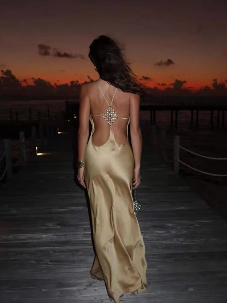 Sexy Backless Satin Dress Women Fashion O-neck Sleeveless High Waist Slim Maxi Dresses 2026 Summer Lady Beach Vacation Robe