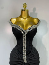 Women Sexy Off Shoulder Black Long Diamond Bodycon Bandage Dresses Celebrity Elegant Evening Party Nightclub Wedding Guest Dress