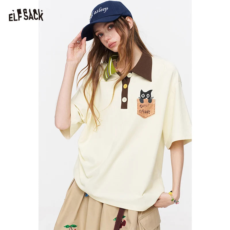 ELFSACK Cat Pocket Polo T-Shirt, Color Block Collar Oversized Tee with Cute Embroidery