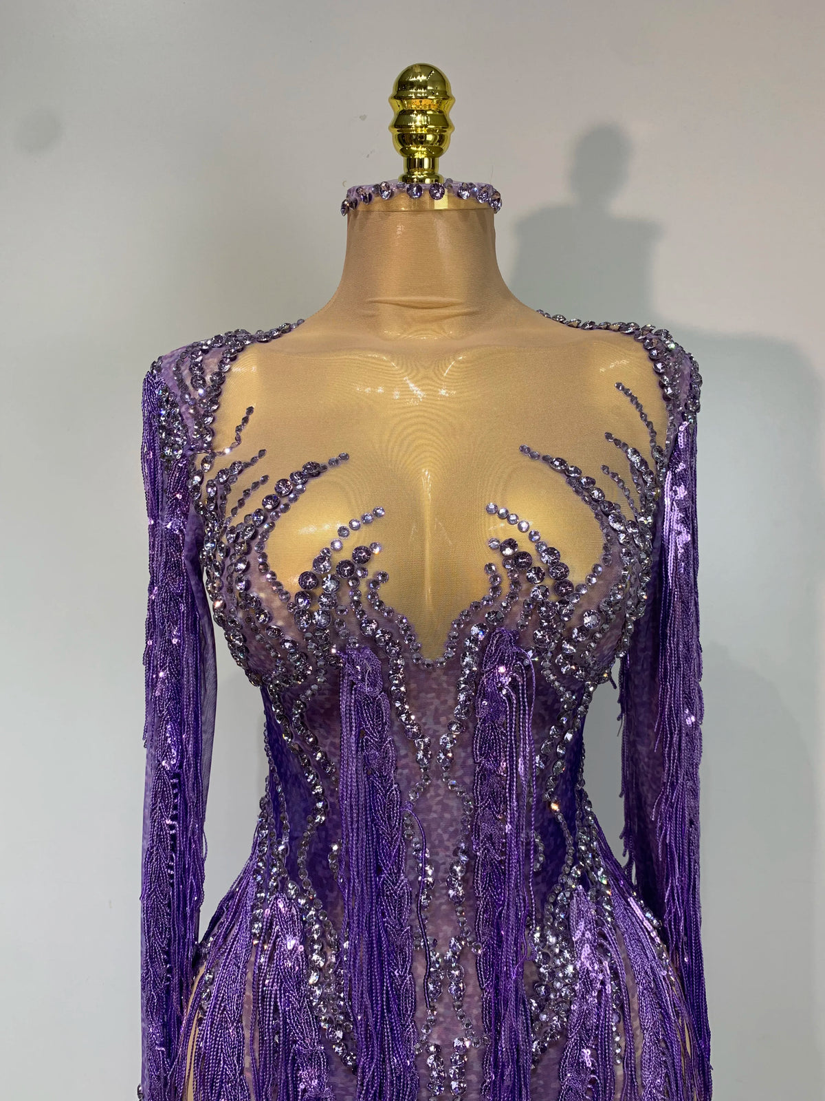 Women Sparkly Diamond Purple Tassel Long Sleeves Mesh See Through Dress Latin Dance Outfits Bar Nightclub Party Club Stage Wear