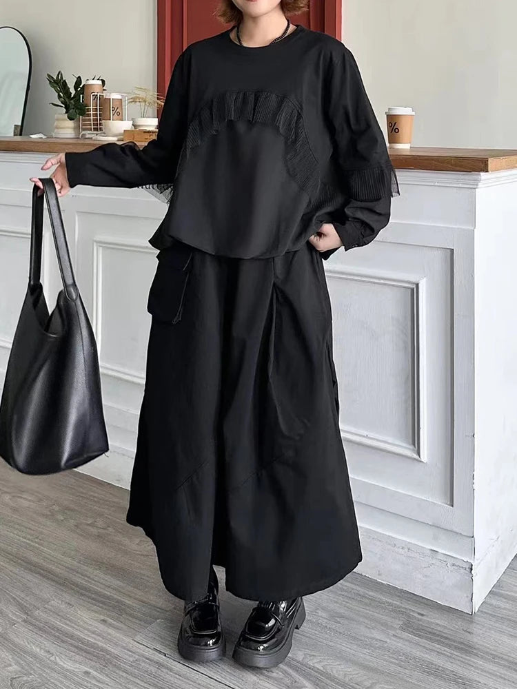 [EAM] Women Balck Mesh Ruffles Spliced Big Size T-shirt New Round Neck Long Sleeve Fashion Tide Spring Autumn 2026 1DJ9332