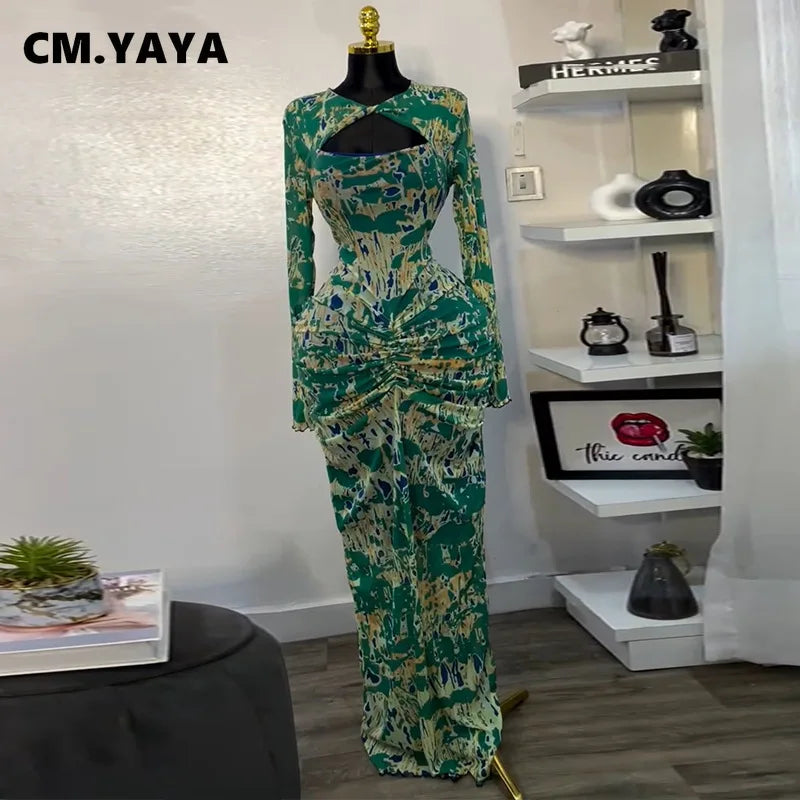 CM.YAYA Women Draped V-neck Cutout Front Ruched Stacked Bodycon Midi Long Maxi Dress 2025 Night Club Party Vestidos Sexy Dresses