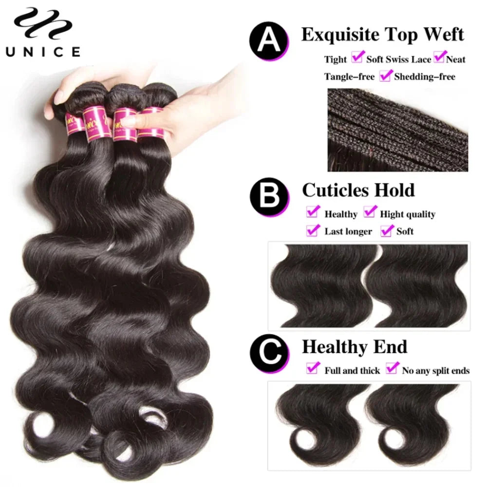 Unice Hair Body Wave Human Hair Bundles With Closure Natural Color 100% Human Hair 3/4 PCS Bundles With 4x4 Inch Lace Closure