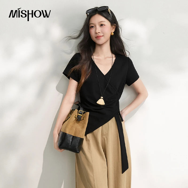 MISHOW Women's Solid V Neck T-Shirt Summer Irregular Hem Ribbon Design Waist Tee Slim Short Sleeve Elegant Casual Top MXF20T1753