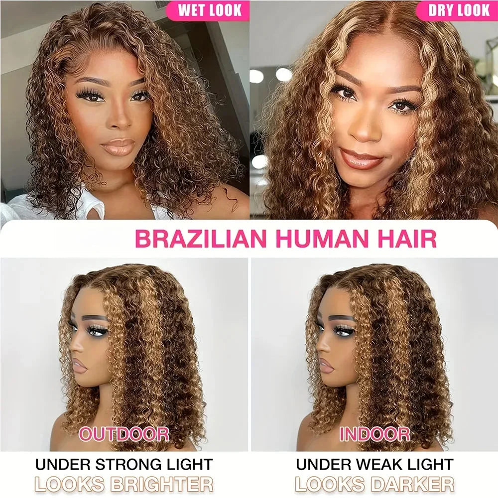 Highlight Ombre Bob Wig Human Hair Curly Short 5X5 Hd Lace Closure Wig