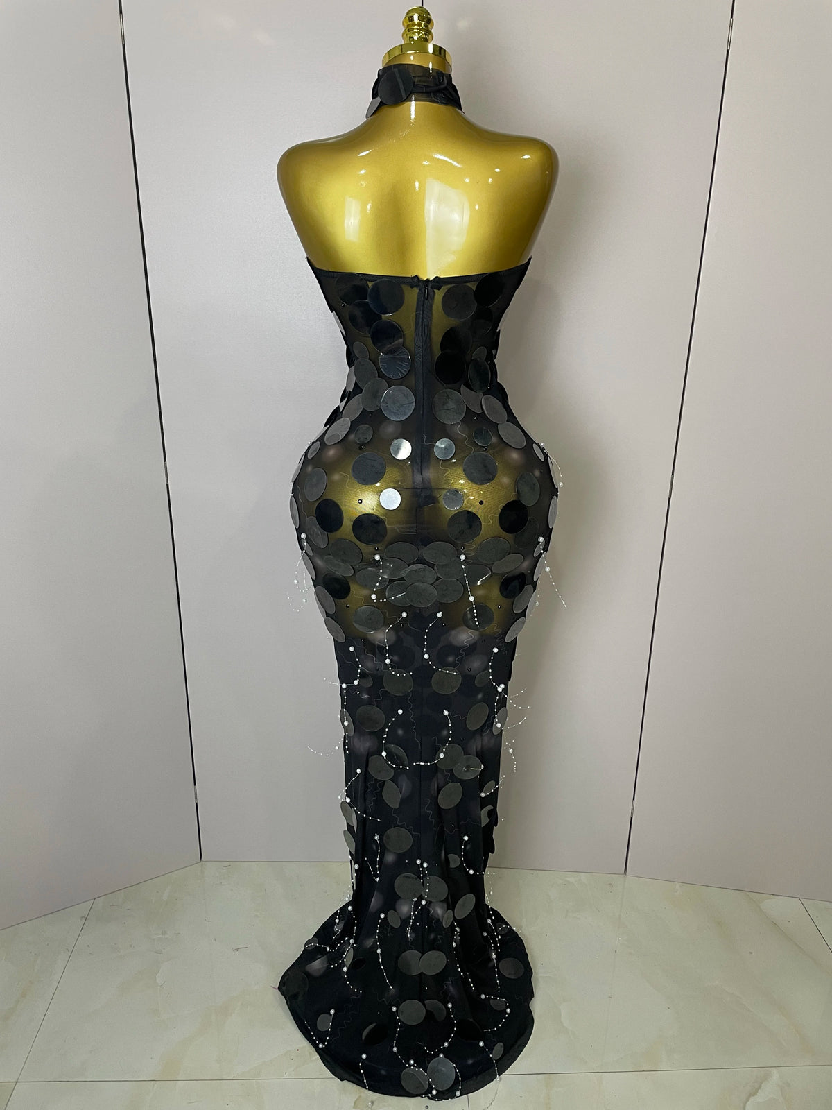 2026 Women Backless Sexy Sparkly Round Sequin Pearl Floor Length Dress Celebrate Birthday Evening Party Queen Drag Costume