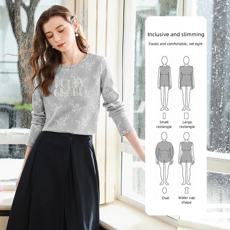 I BELIEVE YOU Grey Floral Embroidery Long Sleeve T-Shirt for Women 2026 Autumn Crew Neck Splicing Lace Casual Top 2263016550