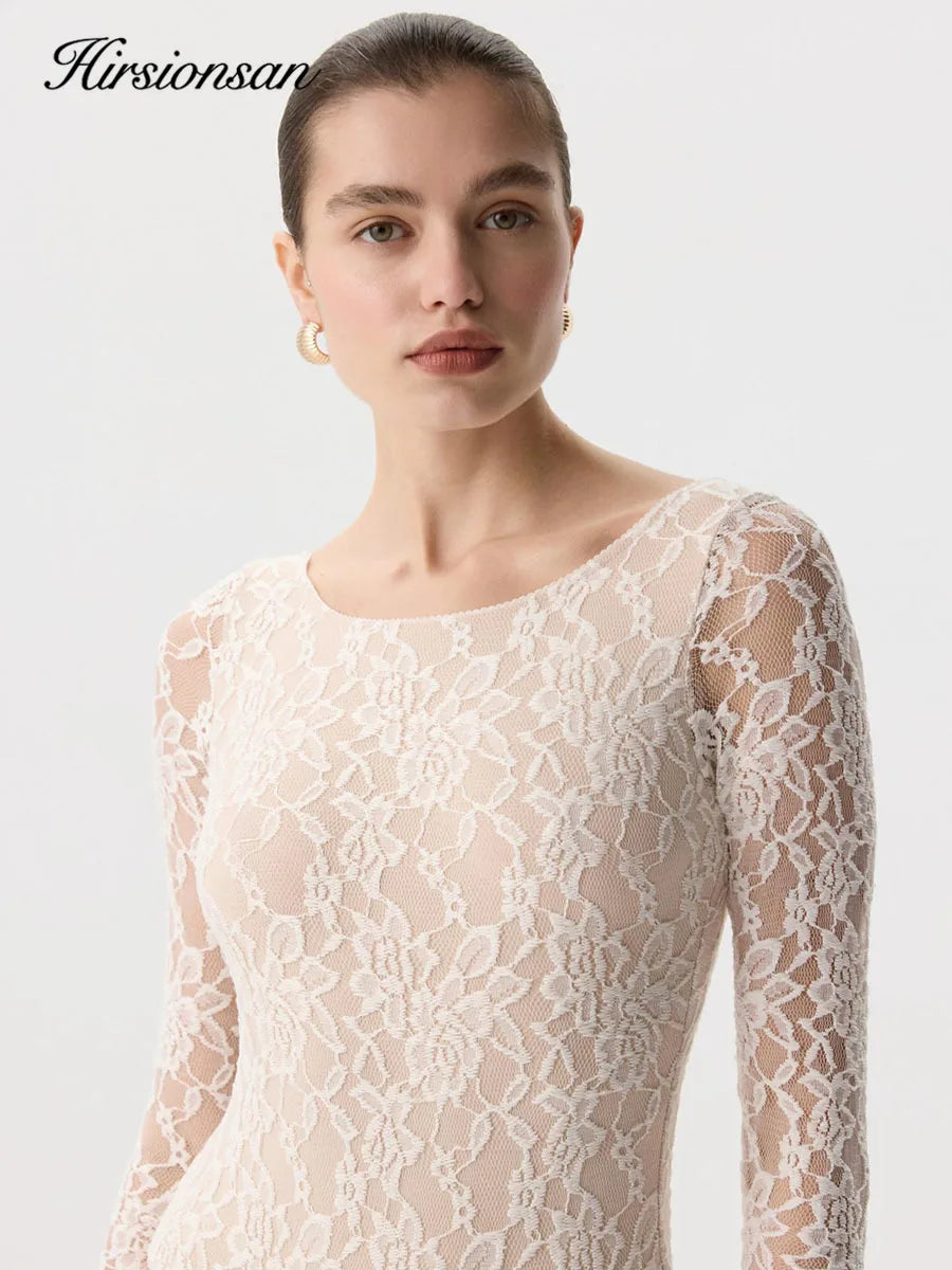 Hirsionsan 2026 Pure Desire Long Sleeved Lace T-shirt for Women in Spring, Slim Fit, Waist Cinching, and Bottom Layer Shirt