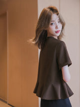 XIAOGULI Women Solid Brown Short Sleeve Cotton T-Shirt 2026 Summer New Ruffle Hem Soft Breathable Versatile Chic Daily Wear Tops