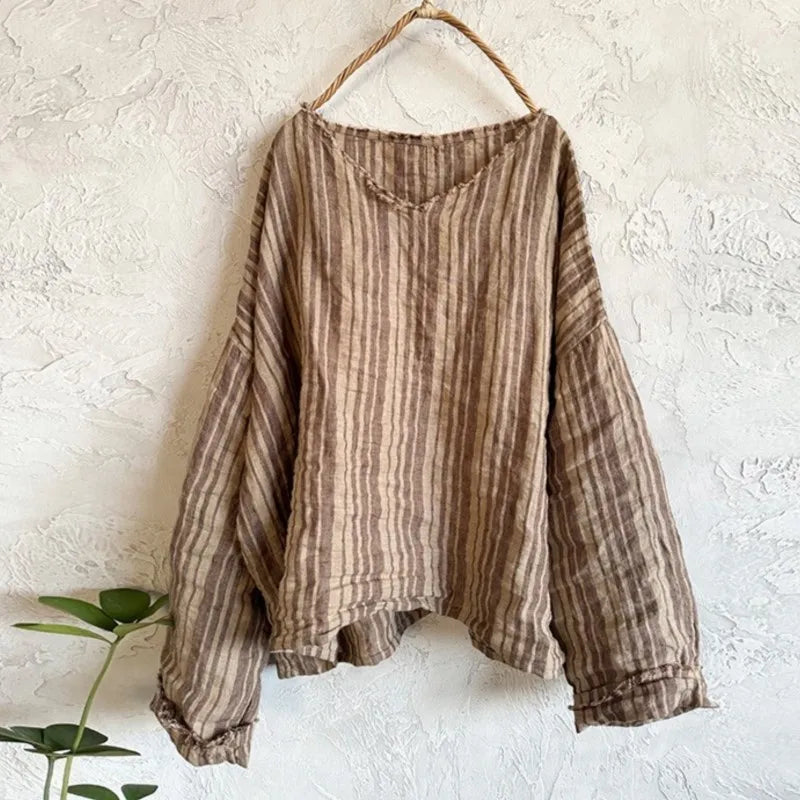Johnature Women Vintage Striped T-Shirts V-Neck Long Sleeve Loose Linen Tees 2025 New Spring Chinese Style Female T-Shirts