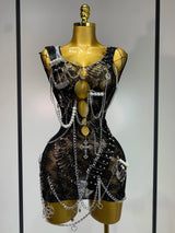 Fashion Chain Decoration Short Party Dress Luxury Women Sexy Hollow Out Nightclub Outfit Performance Singer Dancer Costume