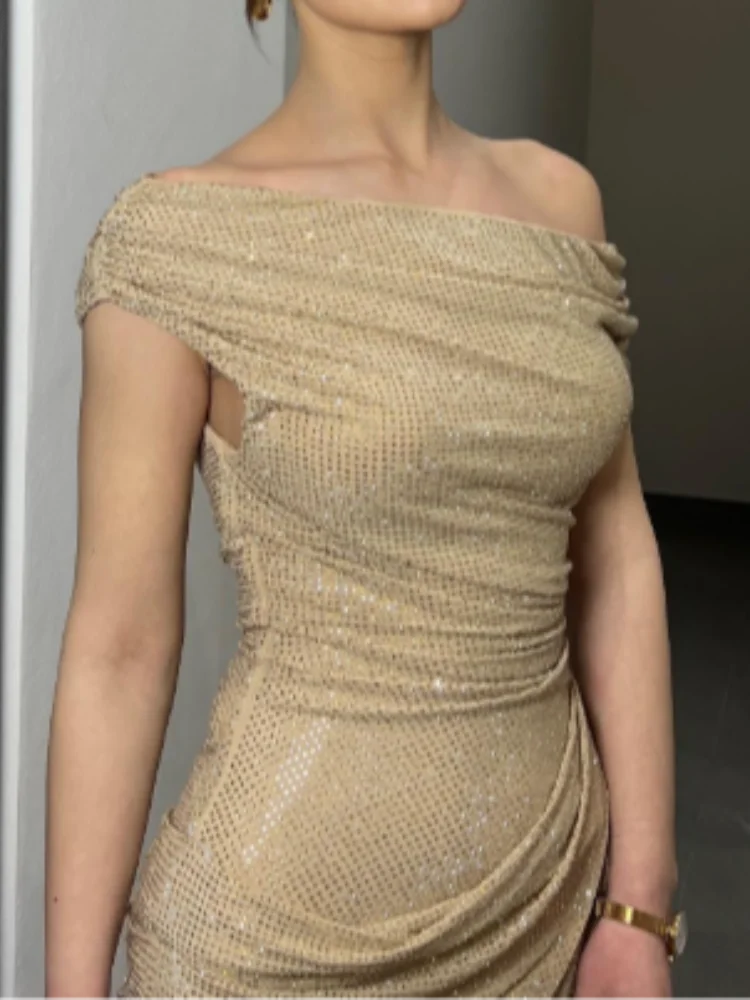 Women Stunning Nude Sparkle Prom Dress Off-shoulder Ruched Detail Shiny Crystal Long Formal Gown Special Occasion Party Dresses
