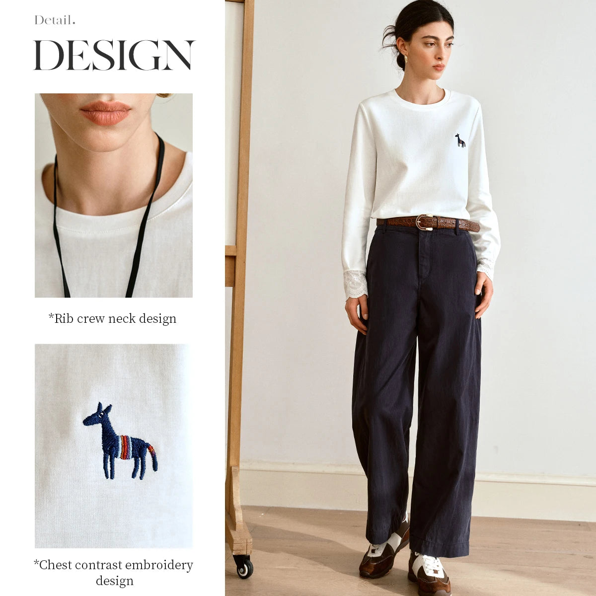 OLrain White Long Sleeve T-Shirts 2026 Autumn French O-Neck Embroidered Knit Top Casual Straight Women's Clothing O57QT000511
