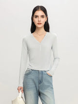SuyaDream Women Solid Short T Shirts, Silk Viscose Blend, V Neck, Long Sleeved Tee, 2025 Spring Autumn Crop Top