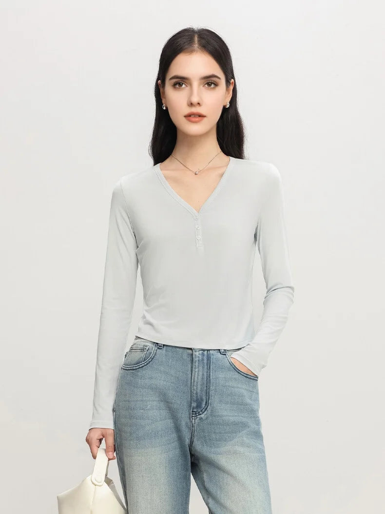 SuyaDream Women Solid Short T Shirts, Silk Viscose Blend, V Neck, Long Sleeved Tee, 2025 Spring Autumn Crop Top