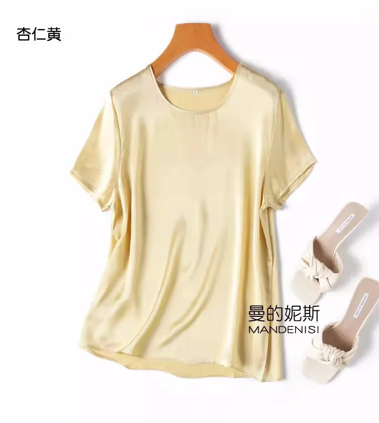 Benefits! Flowing Gem Series Basic Style Versatile Round Neck 100% Mulberry Silk Short Sleeve Silk Satin T-Shirt Top