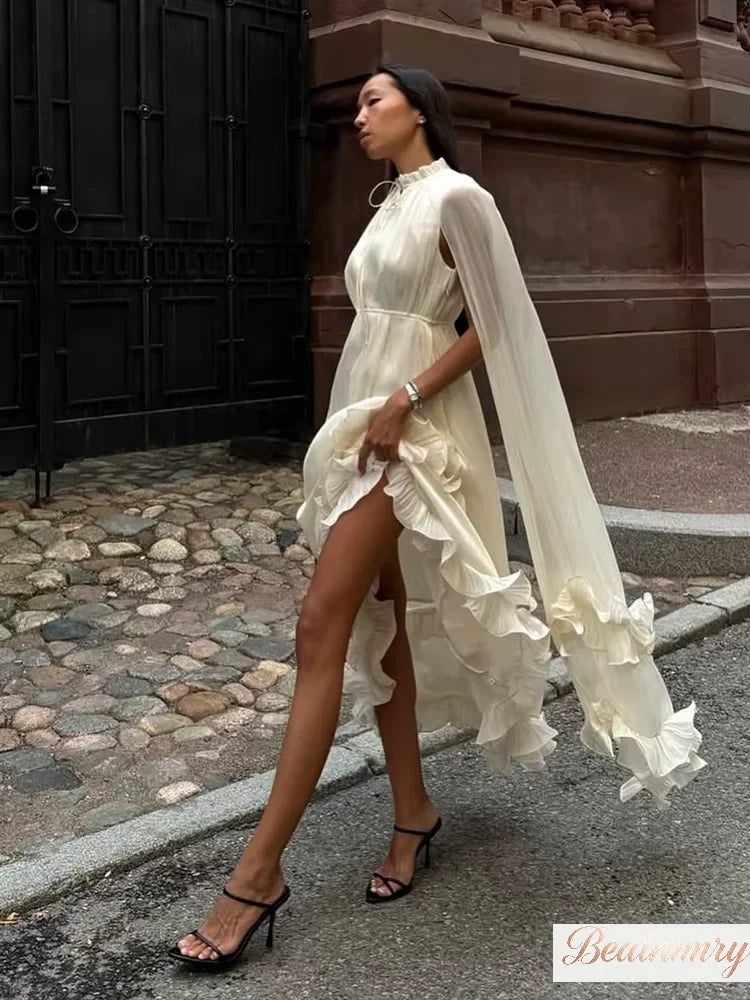 Solid Multi-layer Ruffled Maxi Dress Women's Elegant Sleeveless Off-shoulder High Waist Dresses 2026 Vacation Female Clothing