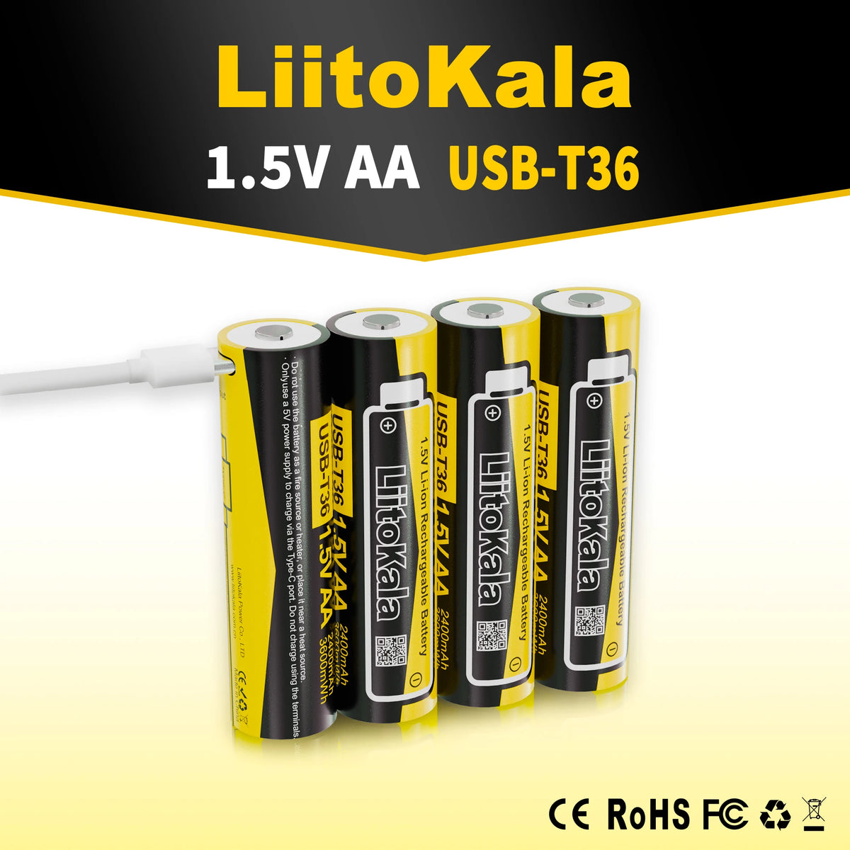 Liitokala USB-T36 1.5V AA 3600mWh Li-Ion Rechargeable Battery 1200 Cycle Type-C AA 2400mAh Battery with 4-in-1 USB Cable