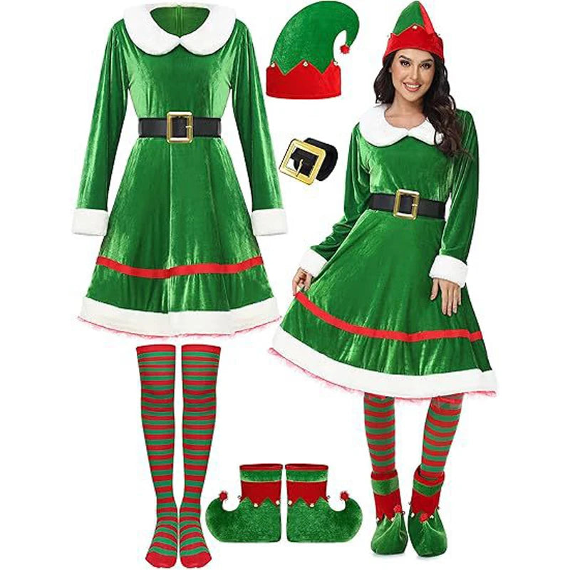 Women's Christmas Costume Set Santa Claus Outfit Velvet Dress With Striped Thigh-High Socks and Elf Hat