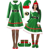 Women's Christmas Costume Set Santa Claus Outfit Velvet Dress With Striped Thigh-High Socks and Elf Hat