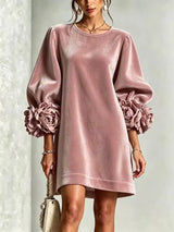 Fall Winter New Arrival Women Korean Velvet Dress, Fashion Long Sleeve Dress with 3D Stereo Floral Cuffs for Party Daily
