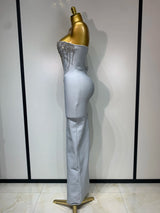 Women Sexy Strapless Backless Long Bandage Dress Fashion Light Grey Sleeveless Beading Cocktail Party Luxury Birthday Gown