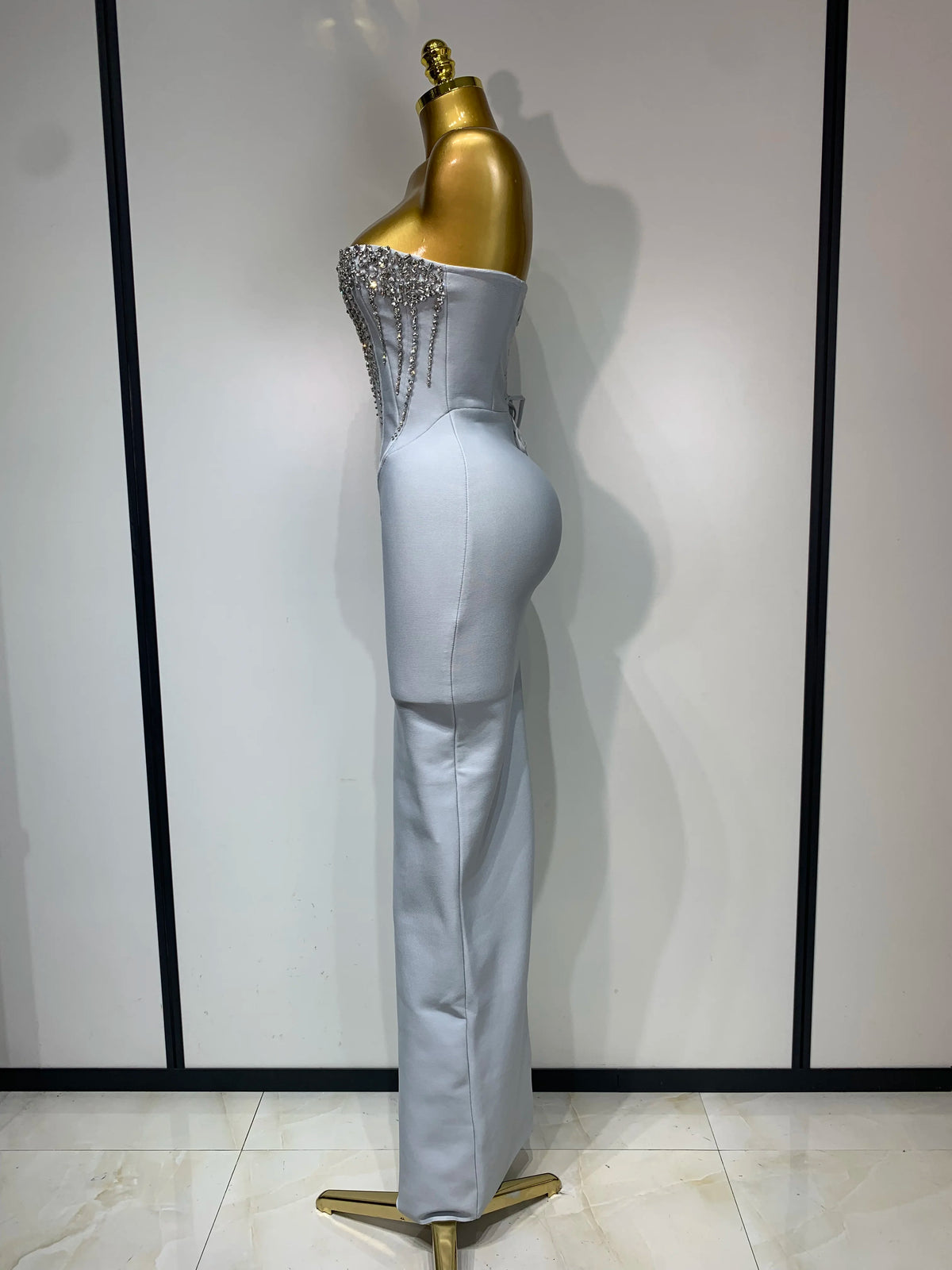 Women Sexy Strapless Backless Long Bandage Dress Fashion Light Grey Sleeveless Beading Cocktail Party Luxury Birthday Gown