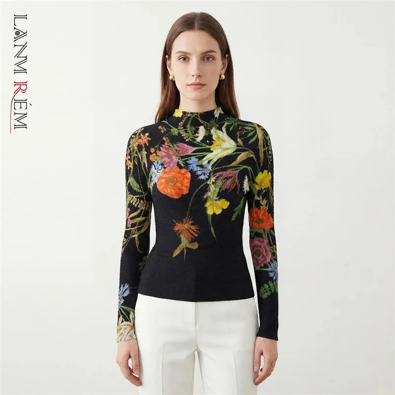 LANMREM 2026 spring New Printed women's pleated Pullover Top high elastic Slim Fit Long Sleeve stand collar T-shirt 2DB667