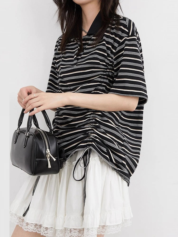 CHIC VEN Women T-Shirts Slim Pullover Short Sleeve New Contrast Stripes Pleated Tees Female Top for Girl Spring Autumn 2026