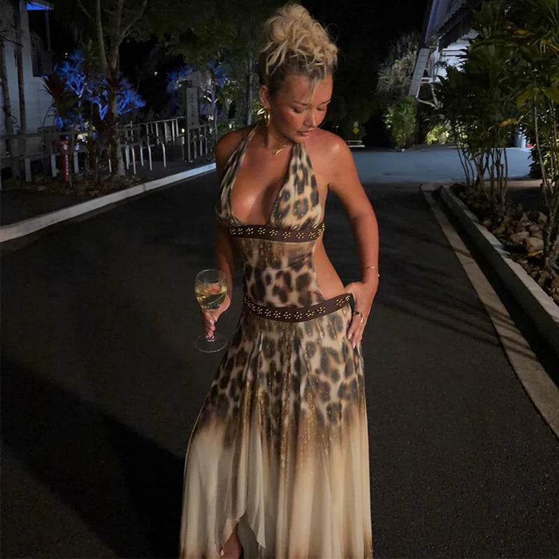 2026 Retro Leopard Printed Halter Vestido Women Sexy V-neck Irregular Split Backless Bodycon Gown Summer Holiday Dinner Wear New