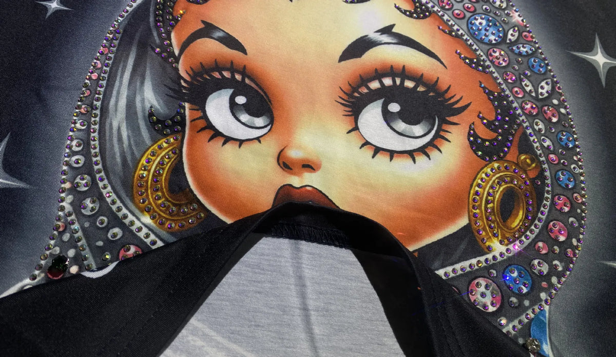 Oversized Short Sleeve Tees for Women Summer Clothing Cartoon Girl Printed Rhinestones Casual Loose O Neck T-Shirts Knitwear