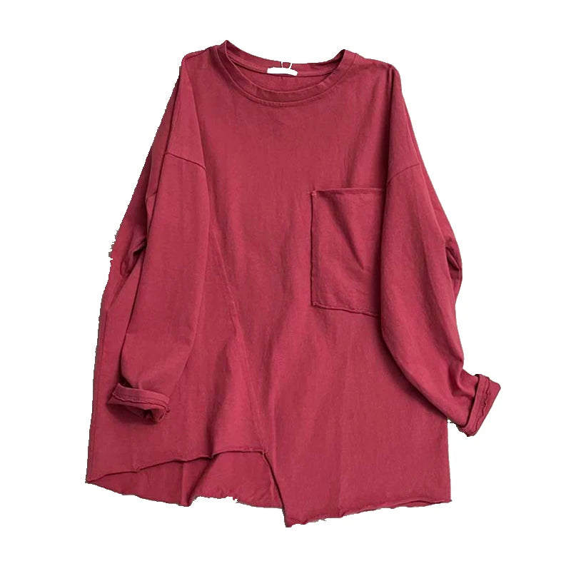 Autumn Women T shirt o neck Long Sleeve Solid Color Irregular Basic Tops Pockets Loose Casual Lady Blouse Female YoYiKamomo
