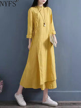 NYFS 2026 Spring Autumn New Womens Dresses Vestidos Robe Elbise Loose Plus Size Cotton Linen Double Layer Long Dress