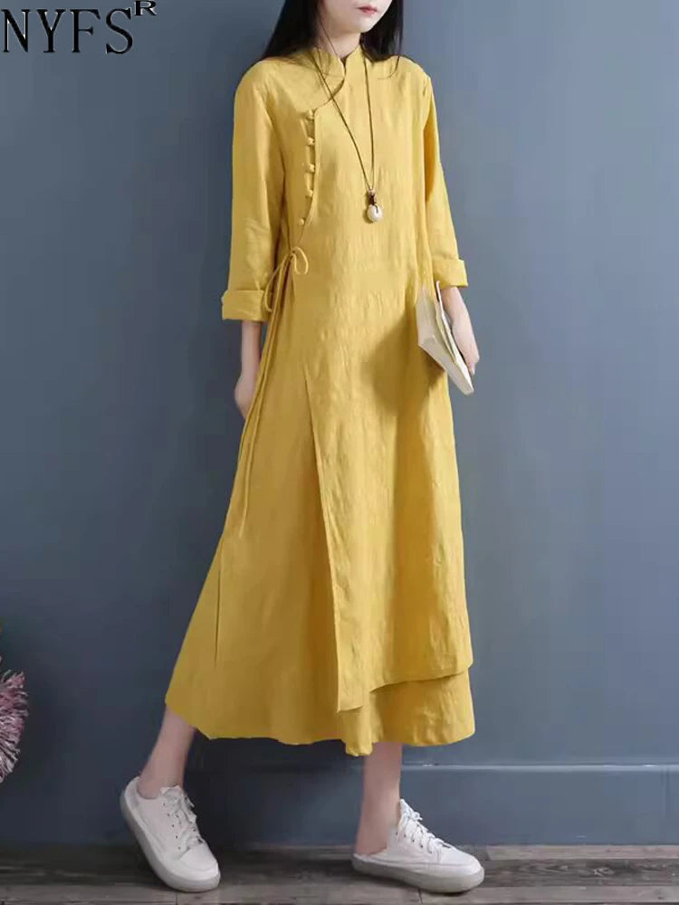 NYFS 2026 Spring Autumn New Womens Dresses Vestidos Robe Elbise Loose Plus Size Cotton Linen Double Layer Long Dress