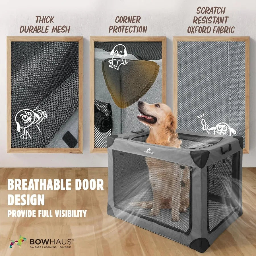 42 Inch Portable Travel Dog Kennel for Large Dogs with Durable Mesh Windows and 2 Storage Pockets Indoor and Outdoor for Car So